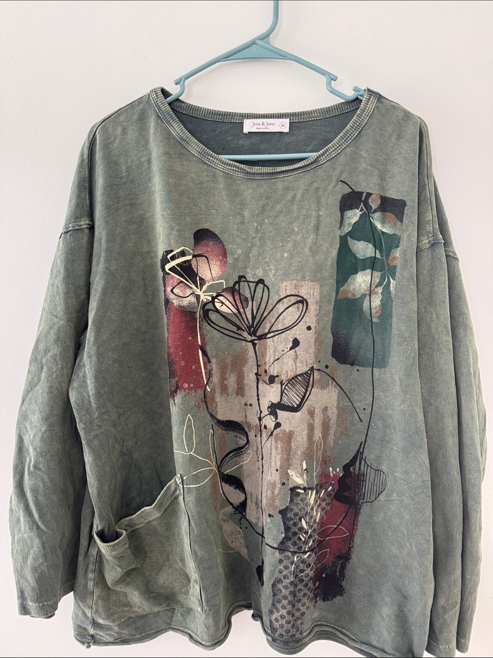 Jess & Jane Olive Green Floral Graphic LS Shirt